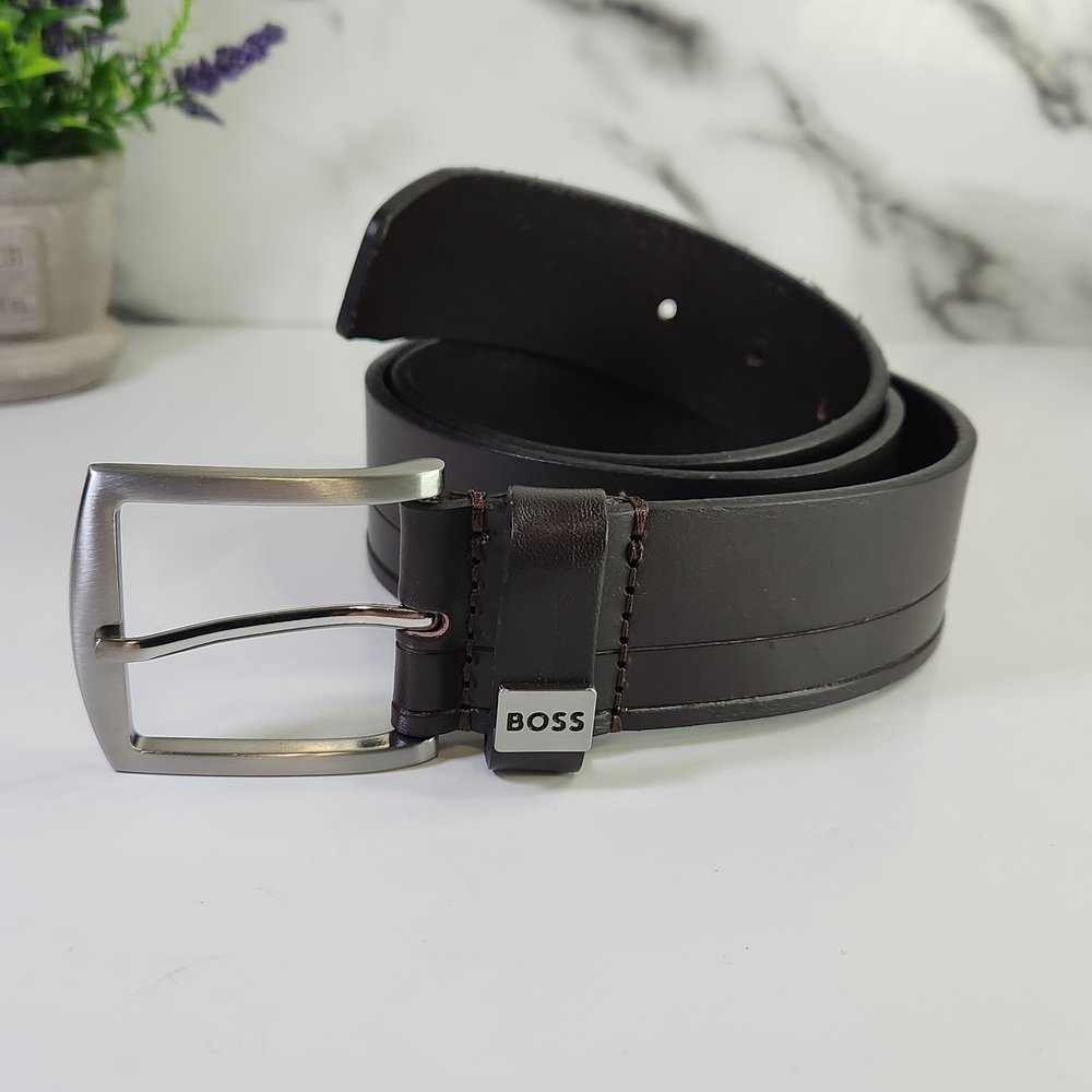 BOSS Men's Dark Brown Genuine Leather Belt with Branded Metal Accent